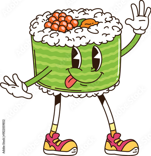 Groovy Japanese sushi roll cartoon character with funny face, vector Japanese food emoji. Groovy sushi roll character with yummy tongue out and silly smile and Hello Hi gesture with good vibes
