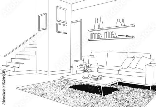 Hand drawn living room interior sketch with sofa coffee table and stairs for home decor coloring book or architectural design