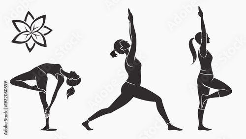 Women practicing yoga in various poses with lotus flower