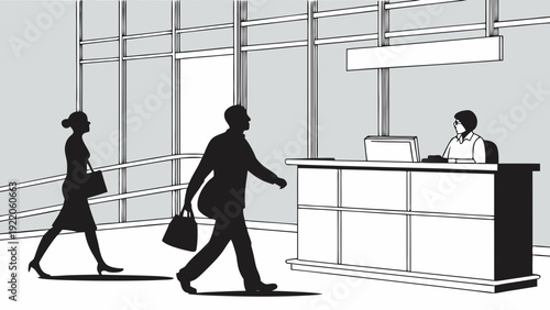 Business people walking to reception desk in modern office lobby