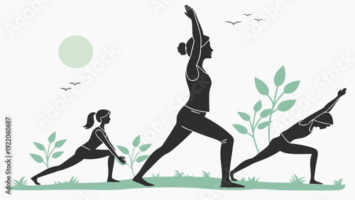 Women practicing yoga outdoors in serene natural setting
