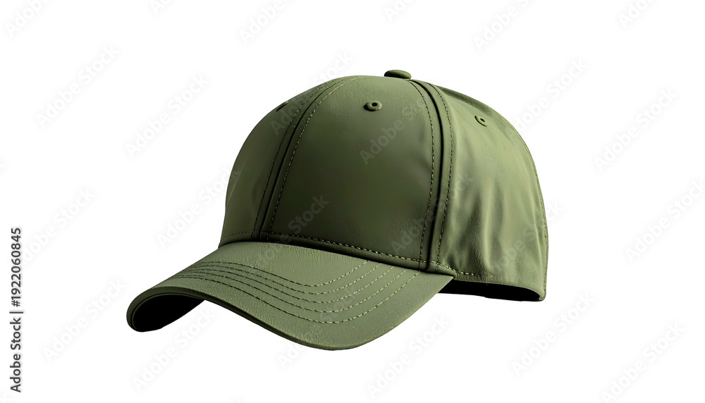 Fototapeta premium Olive green baseball cap isolated on black background, showcasing its brim and panels