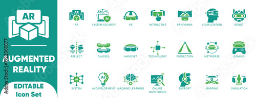 Augmented Reality Solid Icon Set. support, innovation, reflect, projection, interactive, AI, and editable icons. 
