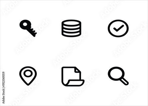 Set of 6 minimalist line icons representing key, database, checkmark, location, document, and search symbols on a white background