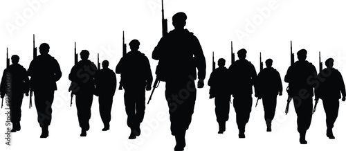 Army patrol soldiers silhouettes, armed military troops marching with rifles black vector illustration isolated on white background for defense concept