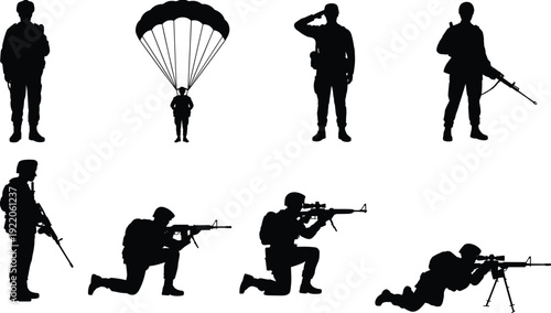 Army soldier silhouette set with parachutist and sniper poses, military troops in combat action isolated on white background, defense vector illustration