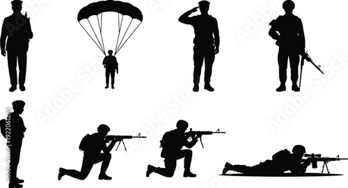 Army soldier silhouette set with parachute landing and sniper shooting poses, military troops in tactical combat positions isolated vector illustration