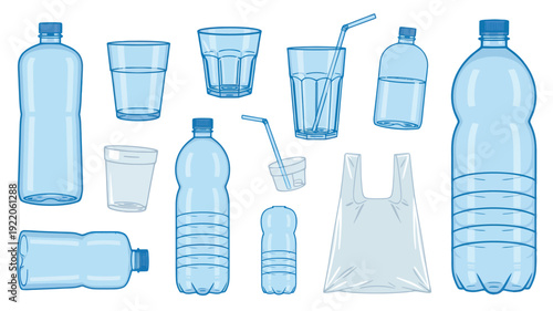 A minimalist illustration of various plastic bottles and containers displayed together in a clean and simple environment from a straightforward viewpoint.