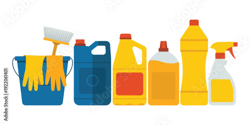 A colorful flat lay illustration of cleaning supplies, featuring various bottles and tools, displayed on a surface, viewed from directly above.