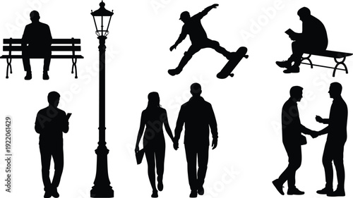 City park lifestyle silhouette collection, urban people sitting on bench skateboarding walking couple and street lamp black vector illustration isolated on white background