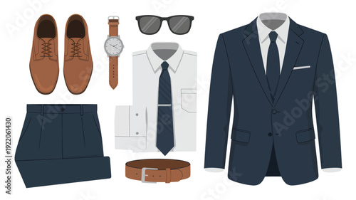 A flat lay illustration of a man's formal outfit including a navy suit, accessories, and shoes displayed on a neutral background from a top-down viewpoint