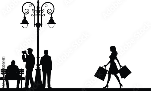 City lifestyle silhouette vector illustration, people under vintage street lamp with shopping woman carrying bags isolated on white background urban scene