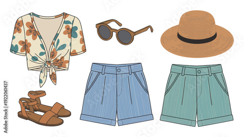 Flat lay illustration of fashionable women's clothing and accessories including shorts, top, sandals, sunglasses, and hat