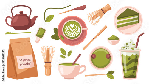 Flat design illustration of various matcha related items including tea, powder, and desserts arranged on a clean background from a top view