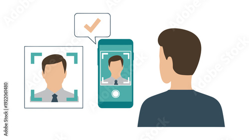 Man verifying identity on mobile device with facial recognition technology illustration