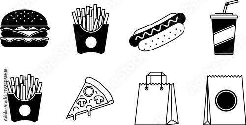 Fast food icon set featuring burger fries hot dog pizza soda and takeaway packaging, black and white vector illustrations for restaurant menu branding