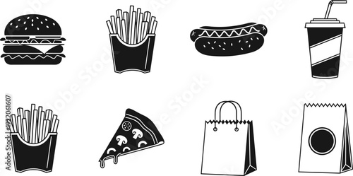 Fast food icons, burger, fries, hot dog, pizza slice, drink cup, takeout bag, black vector, restaurant items, snack symbols
