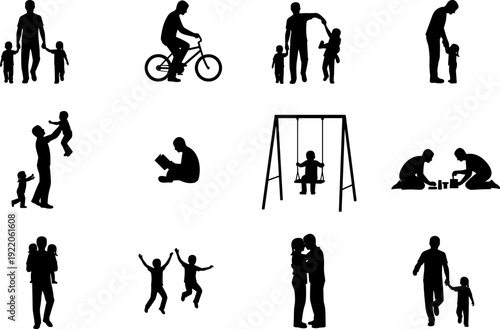 Father and child silhouette vector set, happy family outdoor activities icons, dad playing with kids, parenting and fatherhood conceptual design elements, black.