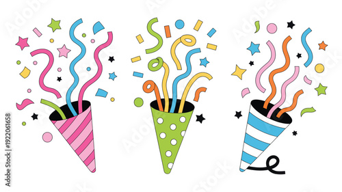 Three colorful party poppers exploding with confetti and ribbons in a festive illustration