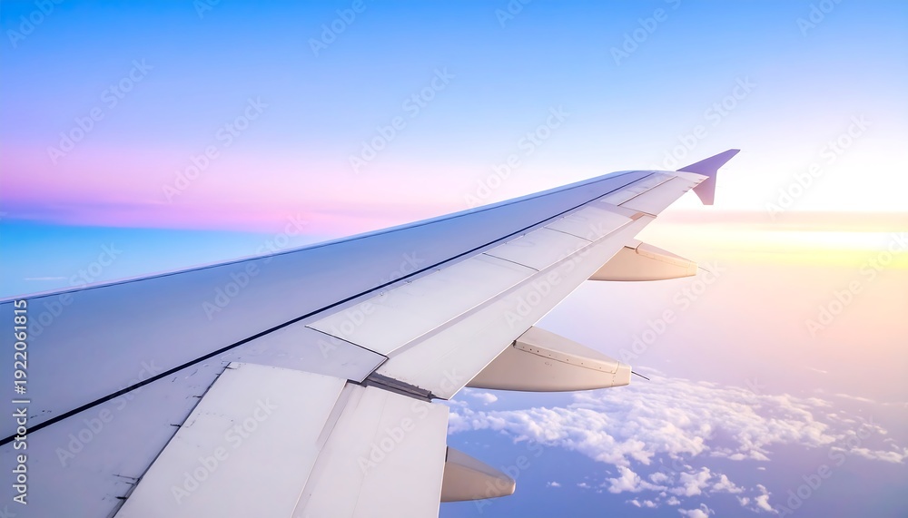Fototapeta premium A view from an aircraft window, showing a wing against a vibrant, pastel-colored sky, clouds below, and the sun