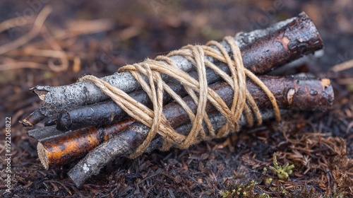 Three friends coppice twig bundle tie. Woods; three adults bundling coppice twigs twine tight, bark varied texture, forest floor humus rich, ax lean nearby plain, 50mm lens, no paths