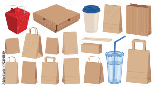 Assorted brown paper packaging and disposable cups in various shapes and sizes displayed together