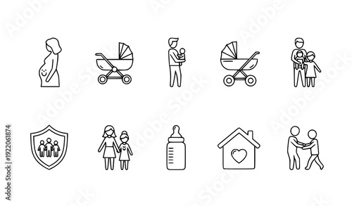 Parenthood and Family Interaction Outline Icons Baby Care Editable Vector Set