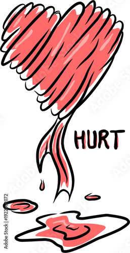 Hand drawn doodle of a bleeding heart with text hurt and blood dripping into a pool