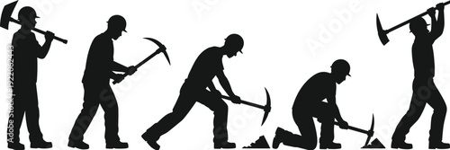 Coal miner worker silhouettes set, digging and mining labor poses with pickaxe, industrial construction workforce collection, black vector illustration isolated on white background,