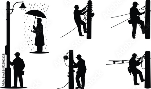 Electrician and utility worker silhouettes set, technicians repairing street light poles and power lines isolated on white background industry vector illustration