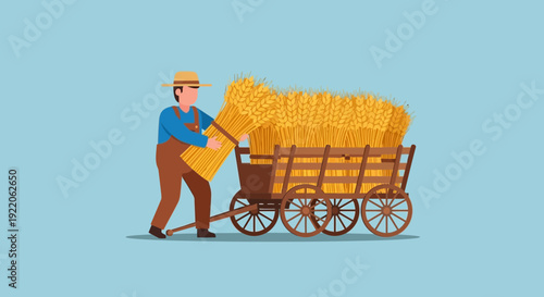 Farmer Loading Wheat Harvest Cart with Bundles of Grain