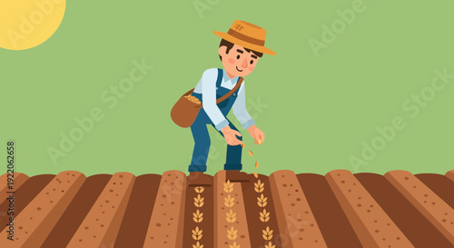 Farmer actively sowing seeds in prepared soil rows on a green farm background with stylistic wheat sprouts beginning to grow