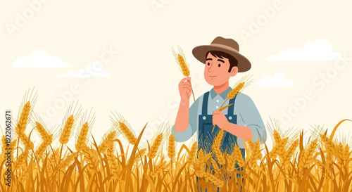 Farmer inspects golden wheat crop in sunlit field