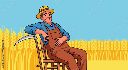 Content farmer wearing a straw hat and overalls relaxes on a chair in a golden wheat field under a clear blue sky.