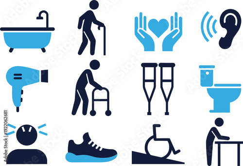Accessibility icons, elderly care symbols, assistive devices, mobility aids, wheelchair ramp, hearing assistance, supportive care, stress awareness, personal hygiene, healthcare design