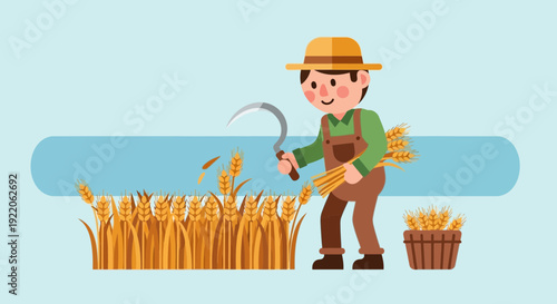 Cartoon farmer harvesting wheat with a sickle in a golden field during the harvest season