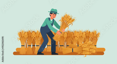 Farmer harvesting golden wheat stalks in a vast agricultural field during summer
