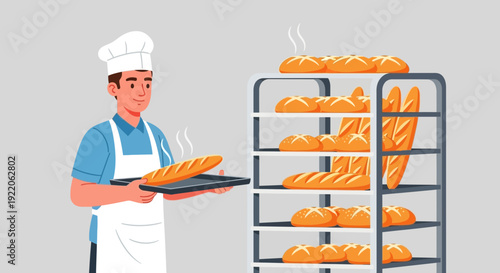 A smiling baker holds a fresh loaf of bread on a tray, with racks of bread in the background.