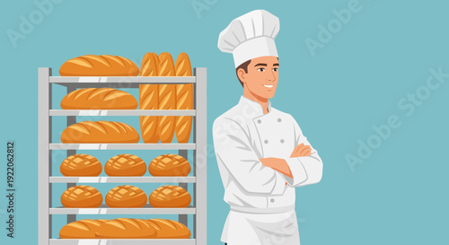 Smiling baker in chef uniform standing by a rack filled with fresh loaves of bread