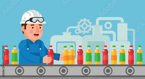 A worker overseeing beverage bottles on a production line in a factory