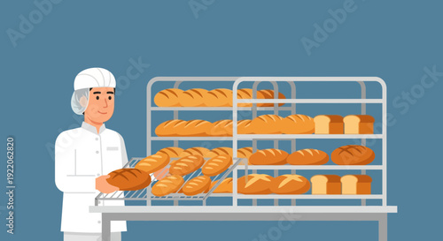 Baker with Fresh Bread in a Bustling Bakery Display