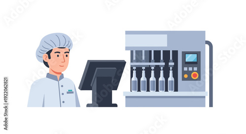 Food factory worker observing automated bottling production line with touchscreen control panel