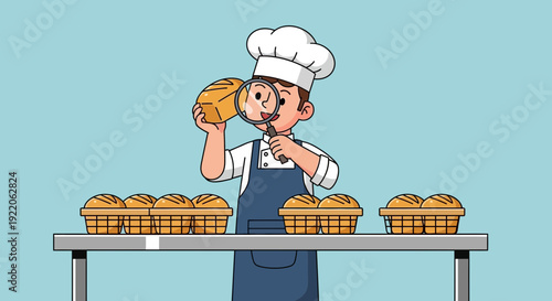 A baker examining fresh bread with a magnifying glass on a bakery shelf