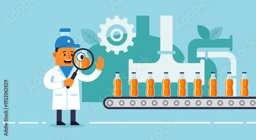 Scientist inspects bottled drinks on a factory production line with a magnifying glass