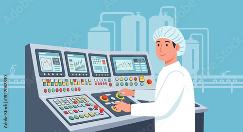 Scientist operating industrial control panel with multiple screens and buttons