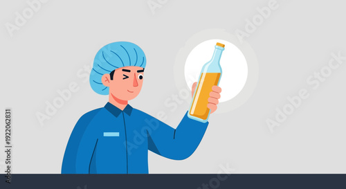 Food industry worker in blue uniform holding a bottle of yellow liquid for quality inspection