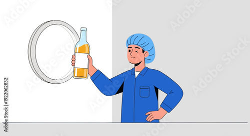 Food industry worker in blue uniform proudly presents a bottle of yellow beverage