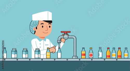 Food industry worker in uniform operating a bottling machine on a conveyor belt