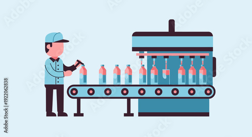 Factory worker overseeing automated bottling line filling bottles with liquid in a manufacturing facility