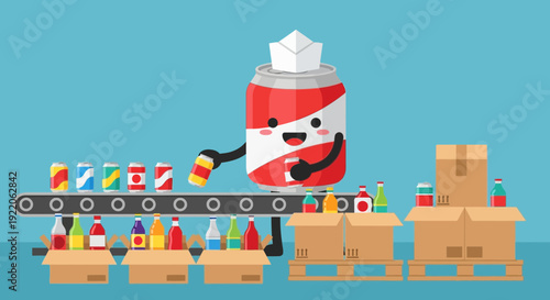 Happy Cartoon Soda Can Working on a Beverage Production Line